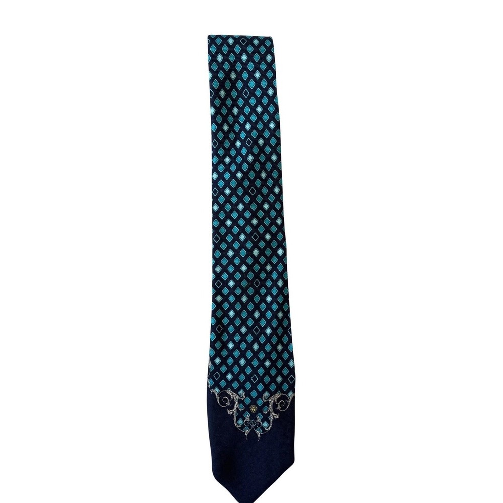 Gianni Versace Silk Tie Navy Teal Geometric Diamond Medusa Baroque Made in Italy